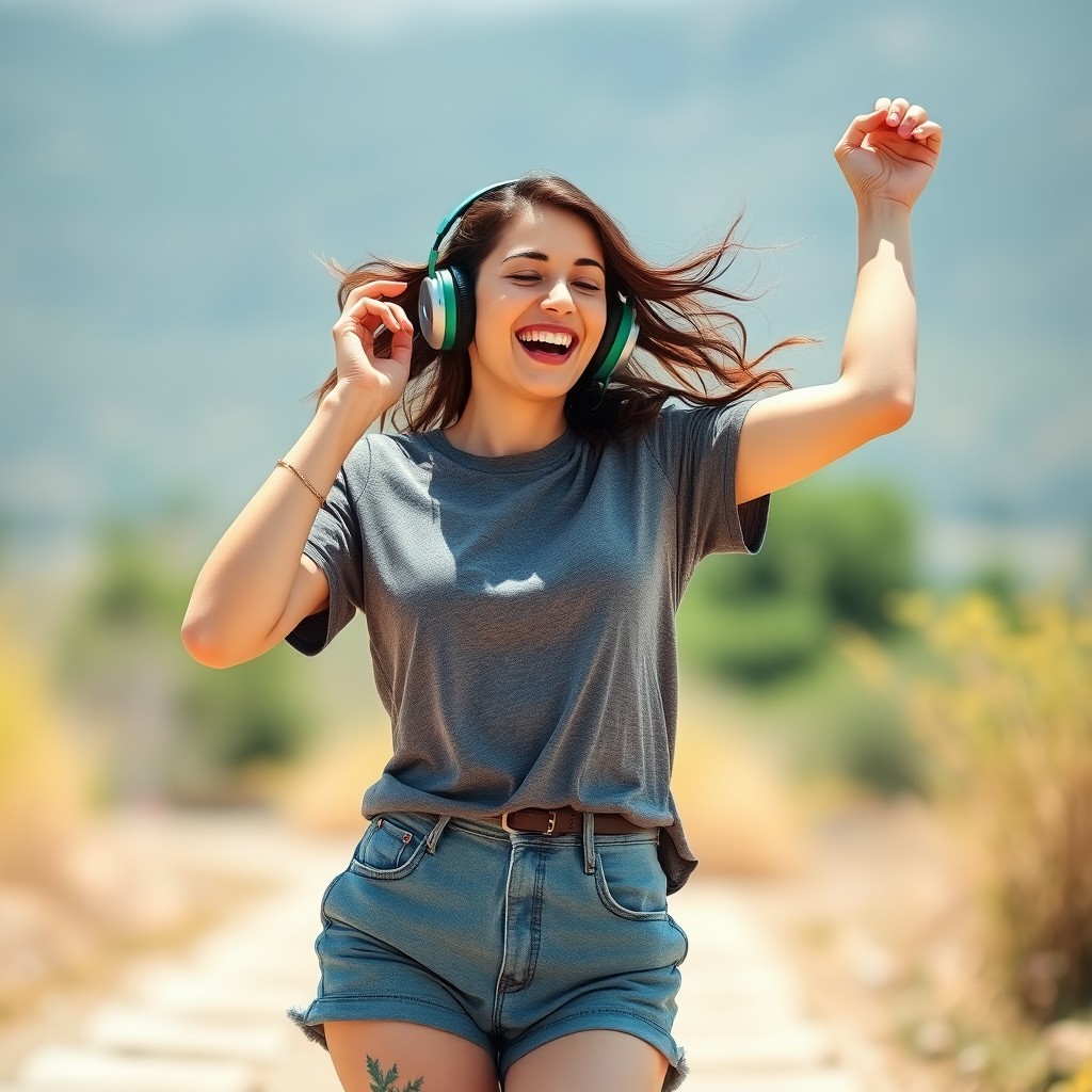 A beautiful light-skinned brunette woman dancing joyfully, wearing shorts and a t-shirt, with headphones on