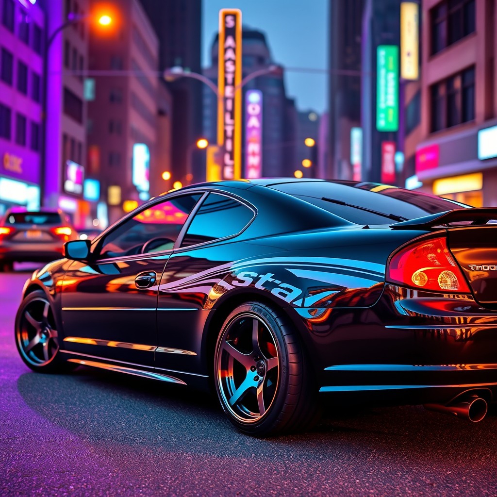 A customized Dodge Stratus car with a sleek, modern design, featuring a glossy black exterior with racing stripes, stylish alloy wheels, tinted windows, and a sporty rear spoiler