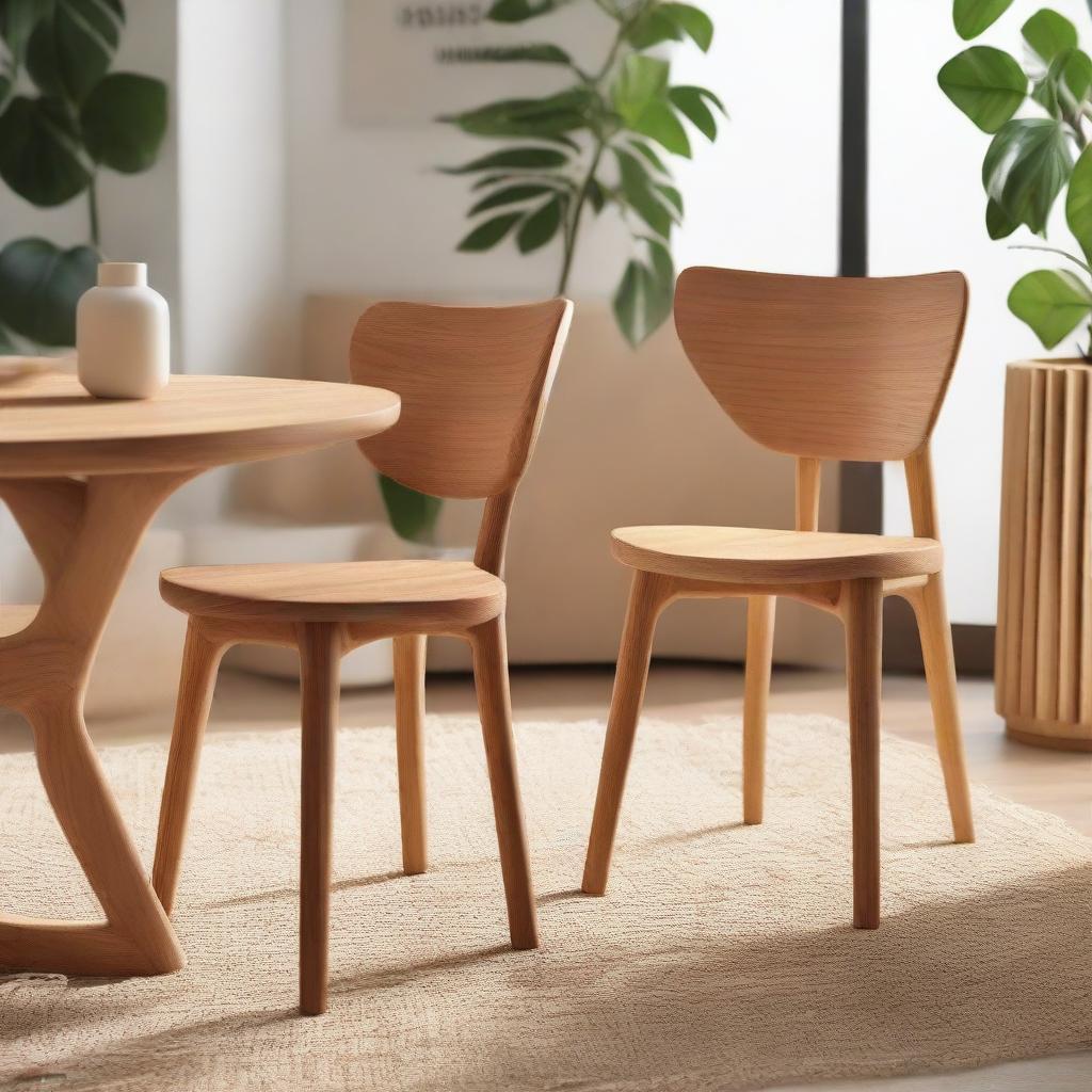 A distinctive teak wood dining chair with a natural color finish, designed inspired by fire, situated in a cozy cafe with a friend seated nearby.