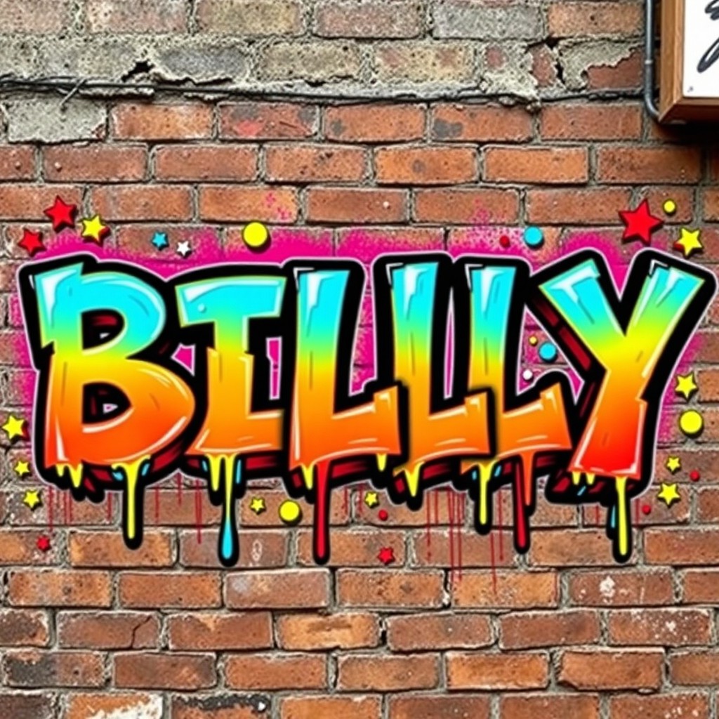 A dynamic and colorful graffiti style font spelling out the name 'BILLY', with exaggerated brush strokes, vibrant splashes of paint in shades of blues, yellows, and reds