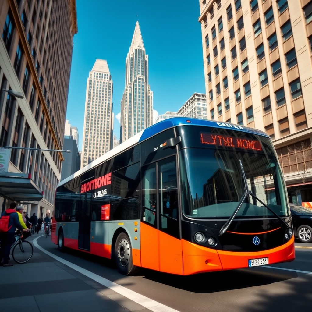 A dynamic scene featuring a modern city bus, showcasing its sleek design and vibrant colors