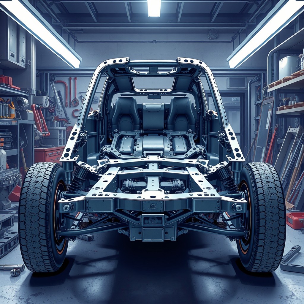 A detailed illustration of a vehicle frame, showcasing the intricate design and engineering of an automobile chassis