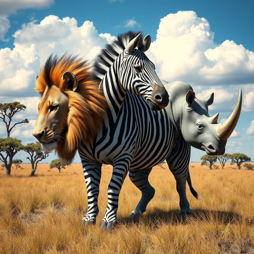 A fantastical creature that combines features of a lion, zebra, and rhinoceros, with three distinct heads – one resembling a lion, one a zebra, and the third a rhinoceros