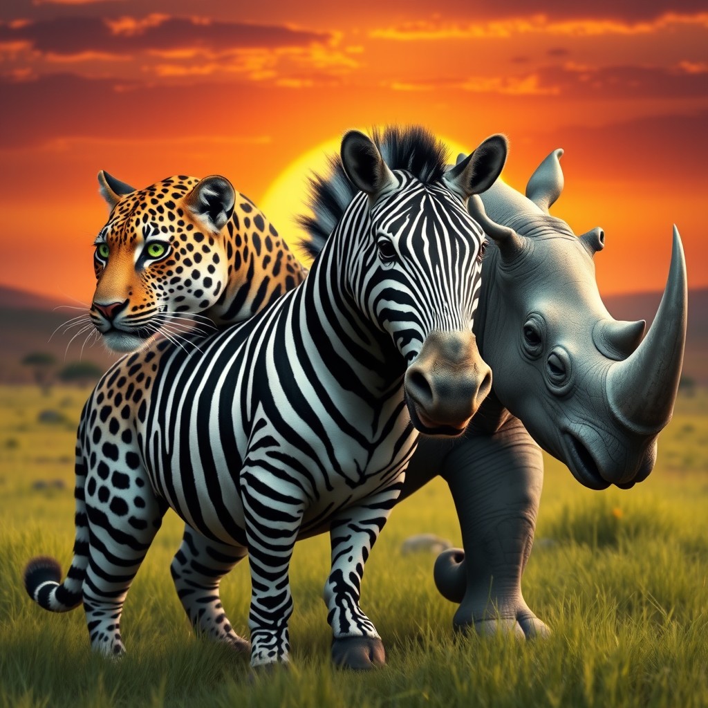 A fantastical three-headed creature combining the features of a leopard, zebra, and rhinoceros