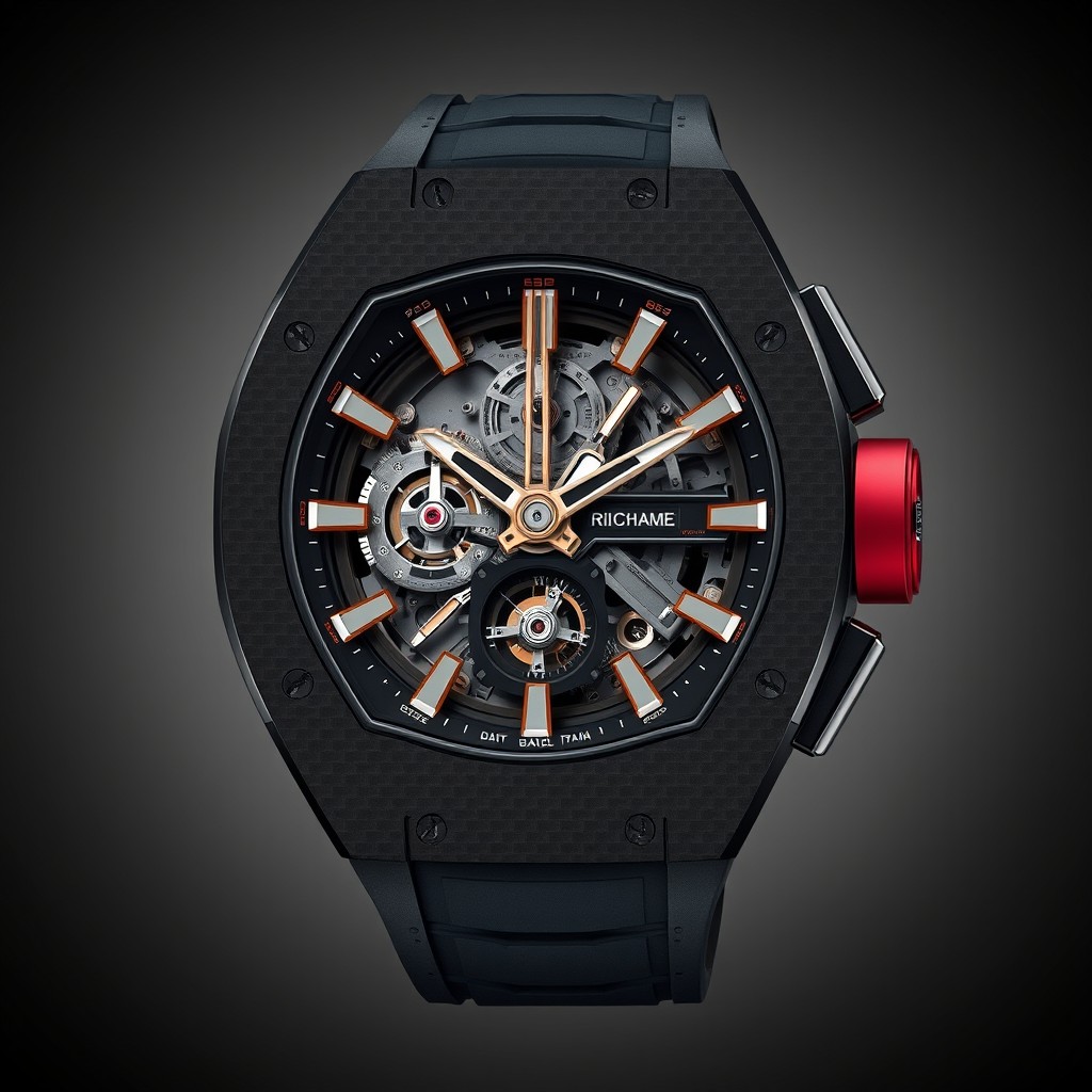 A photorealistic image of a luxury watch inspired by the Richard Mille RM 65-01, featuring a skeletonized dial that showcases a highly detailed chronograph movement with visible gears and bridges