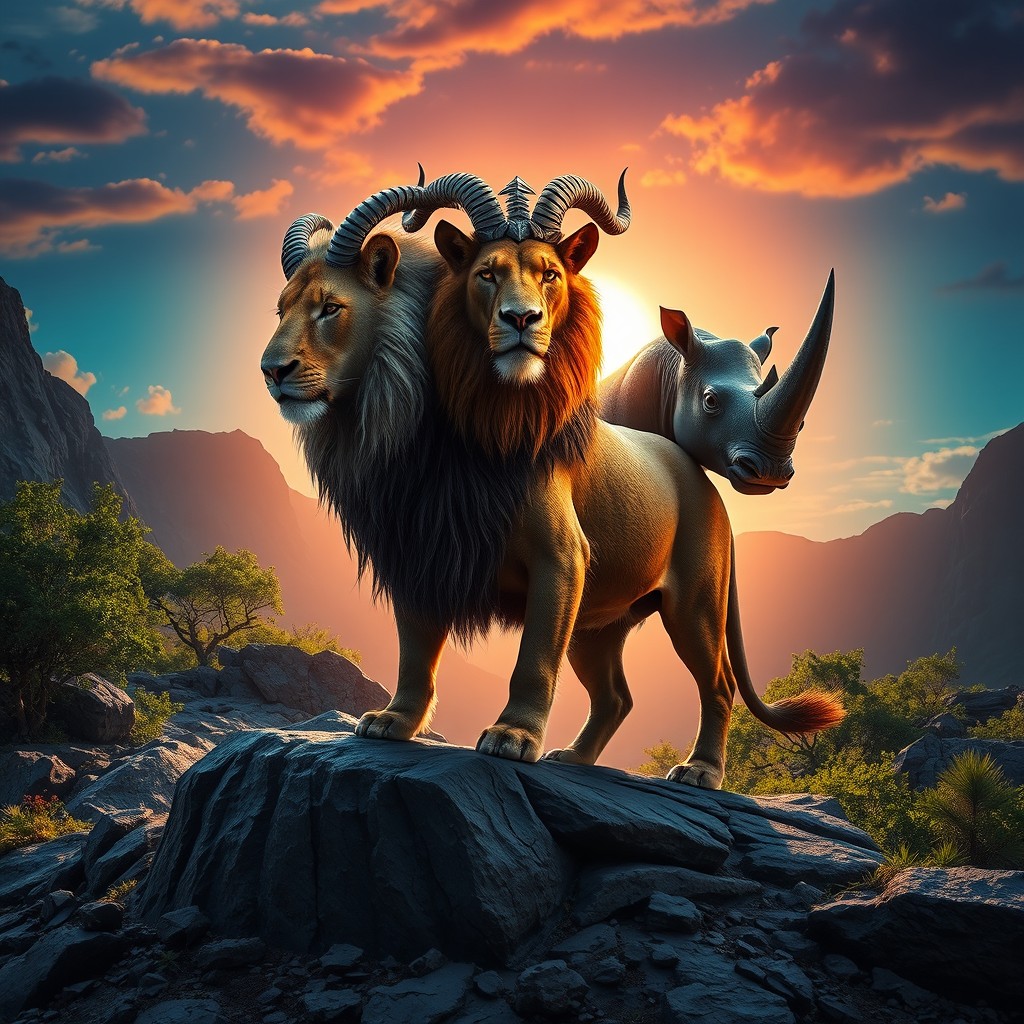 A surreal creature with the body of a lion and the heads of a goat, lion, and rhinoceros, standing majestically on a rocky terrain
