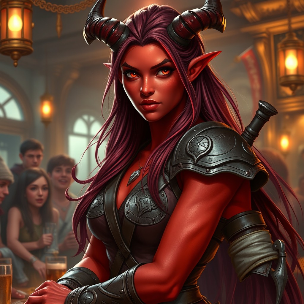 A powerful and beautiful female tiefling bard character, showcasing her vibrant reddish skin and bold features