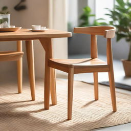 A distinctive teak wood dining chair with a natural color finish, designed inspired by fire, situated in a cozy cafe with a friend seated nearby.