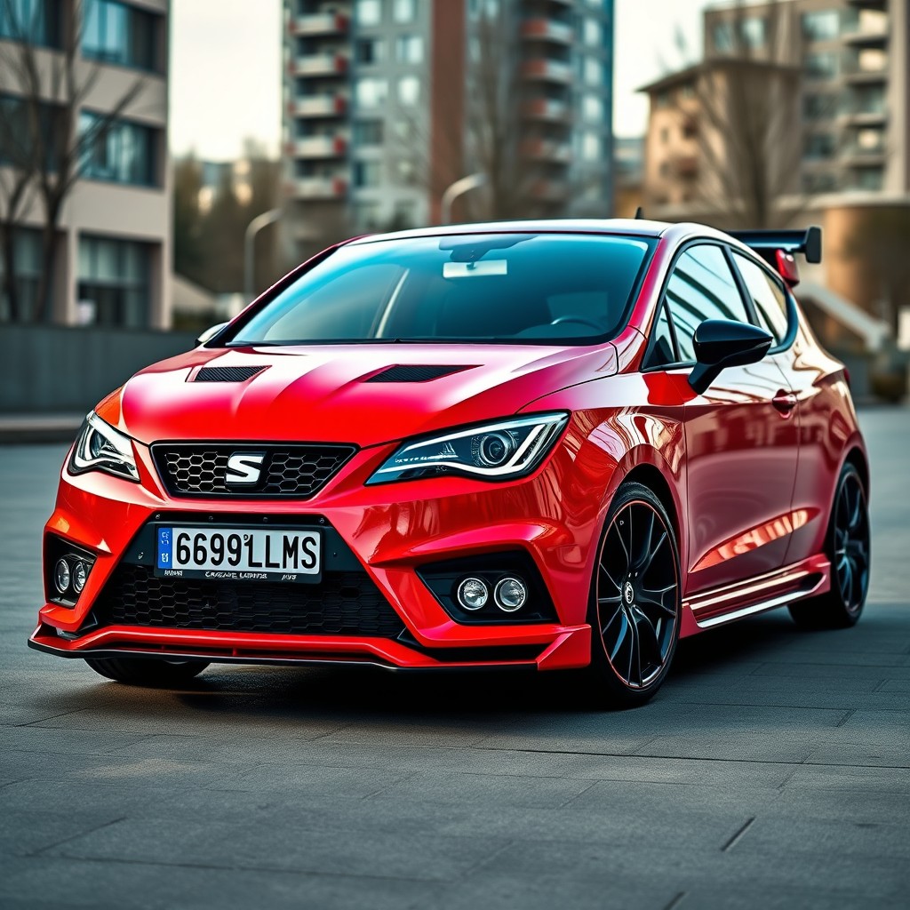A bright red Seat Ibiza customized with a sleek, sporty design, featuring a racing suspension that enhances its aggressive stance