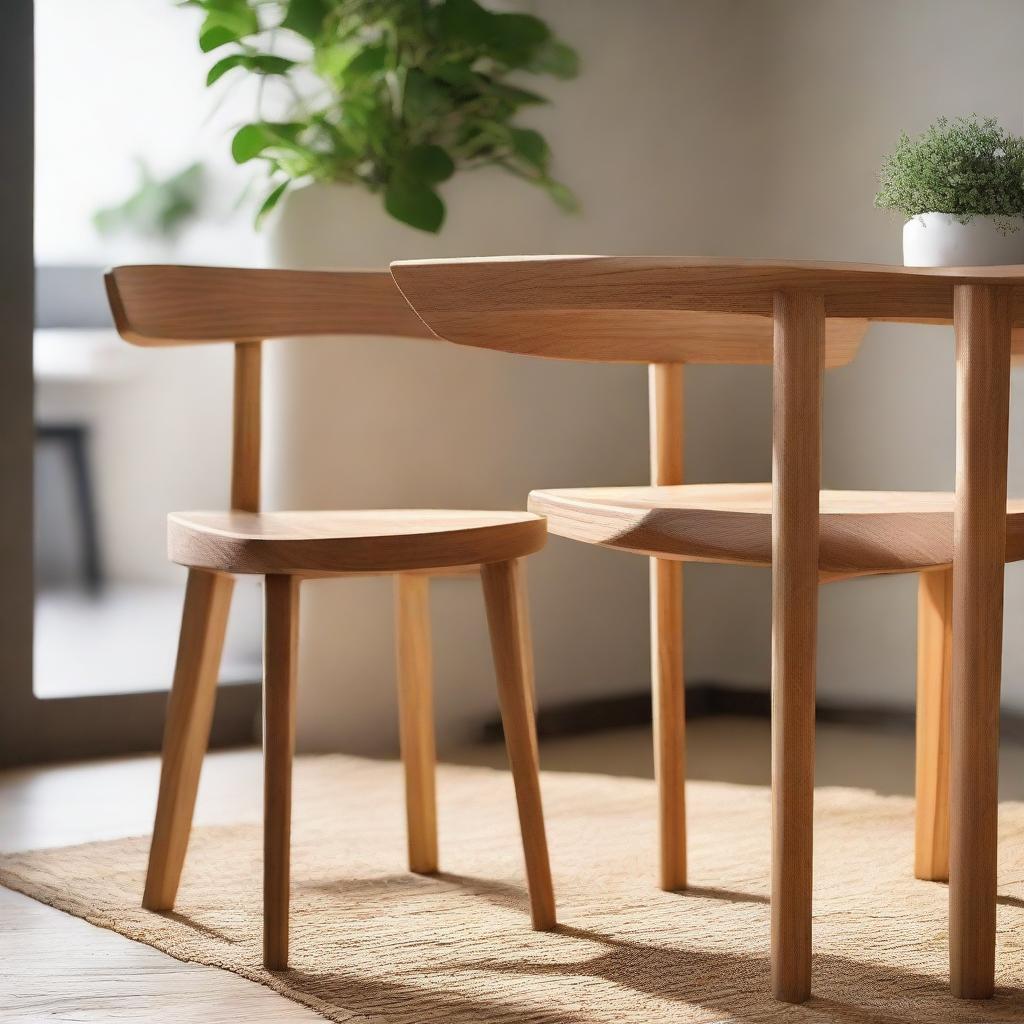 A distinctive teak wood dining chair with a natural color finish, designed inspired by fire, situated in a cozy cafe with a friend seated nearby.