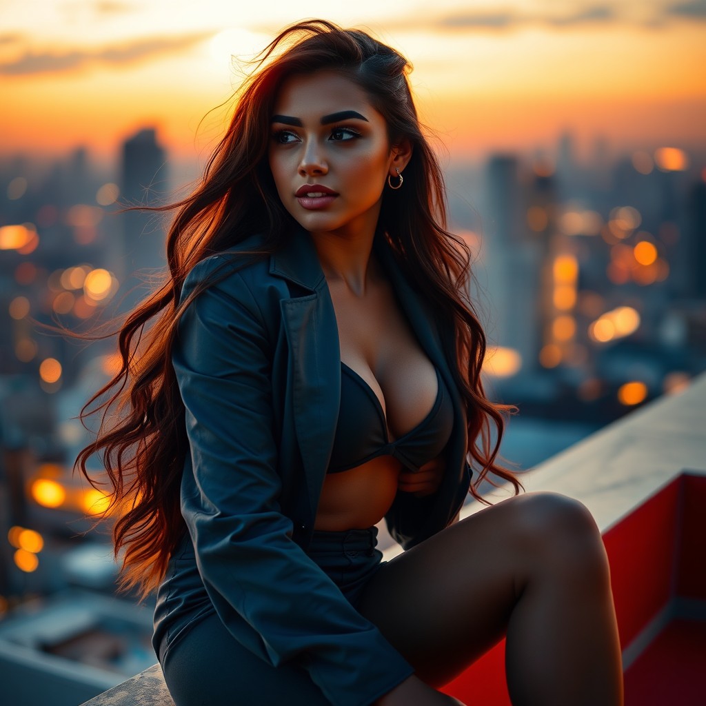 A stunningly beautiful young woman with long flowing hair, wearing a stylish outfit that accentuates her curves, sitting confidently on a vibrant city rooftop