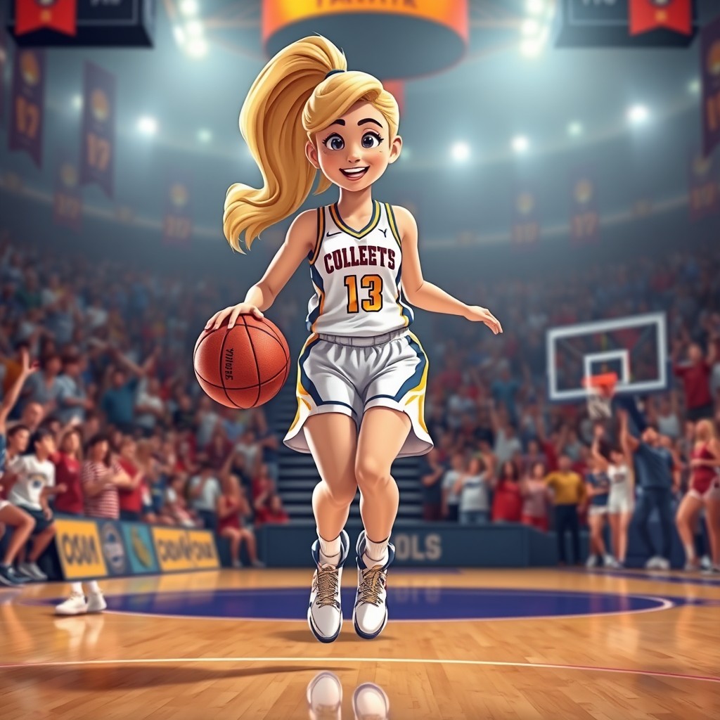 An animated depiction of Caitlin Clark, the basketball player, showcasing her iconic college basketball attire