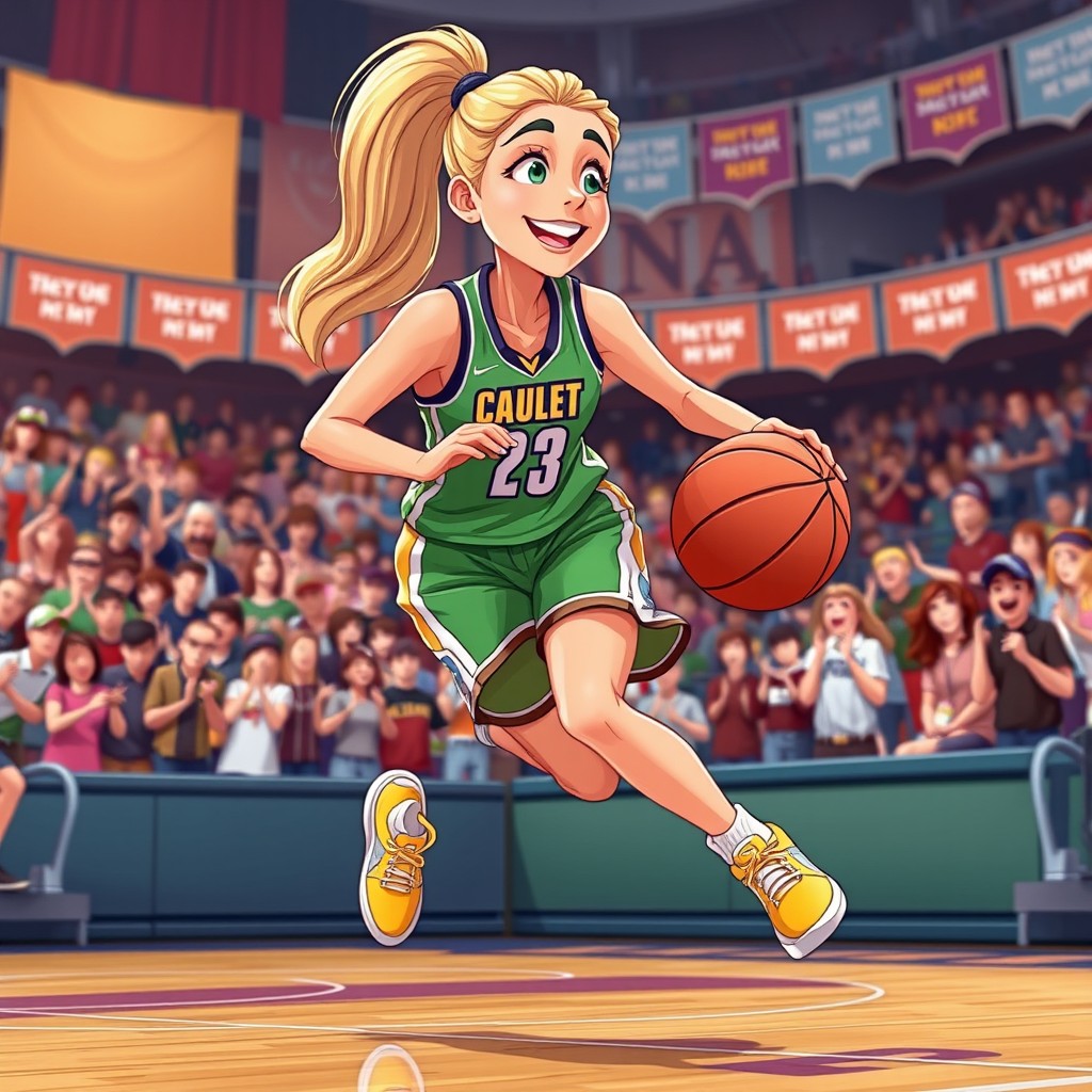 An animated illustration of Caitlin Clark, the talented basketball player, depicted in a vibrant and dynamic style