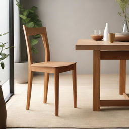 A distinctive teak wood dining chair with a natural color finish, designed inspired by fire, situated in a cozy cafe with a friend seated nearby.