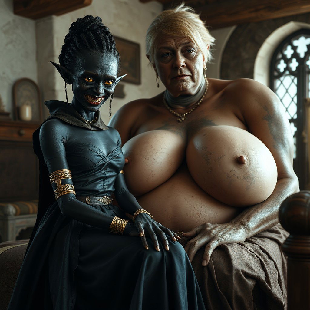 In a medieval bedroom, a wicked young woman, aged 30, with entirely black skin and a malnourished appearance, sits on the lap of a giant woman aged 60