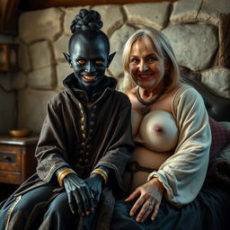 In a medieval bedroom, a wicked young woman, 30 years old, with entirely black skin and a malnourished appearance, sits on the lap of a giant woman aged 60
