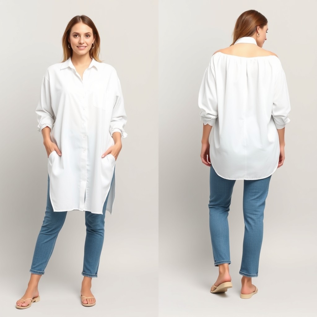 A woman wearing a fully white drop shoulder boxy shirt, depicted in both front and back views