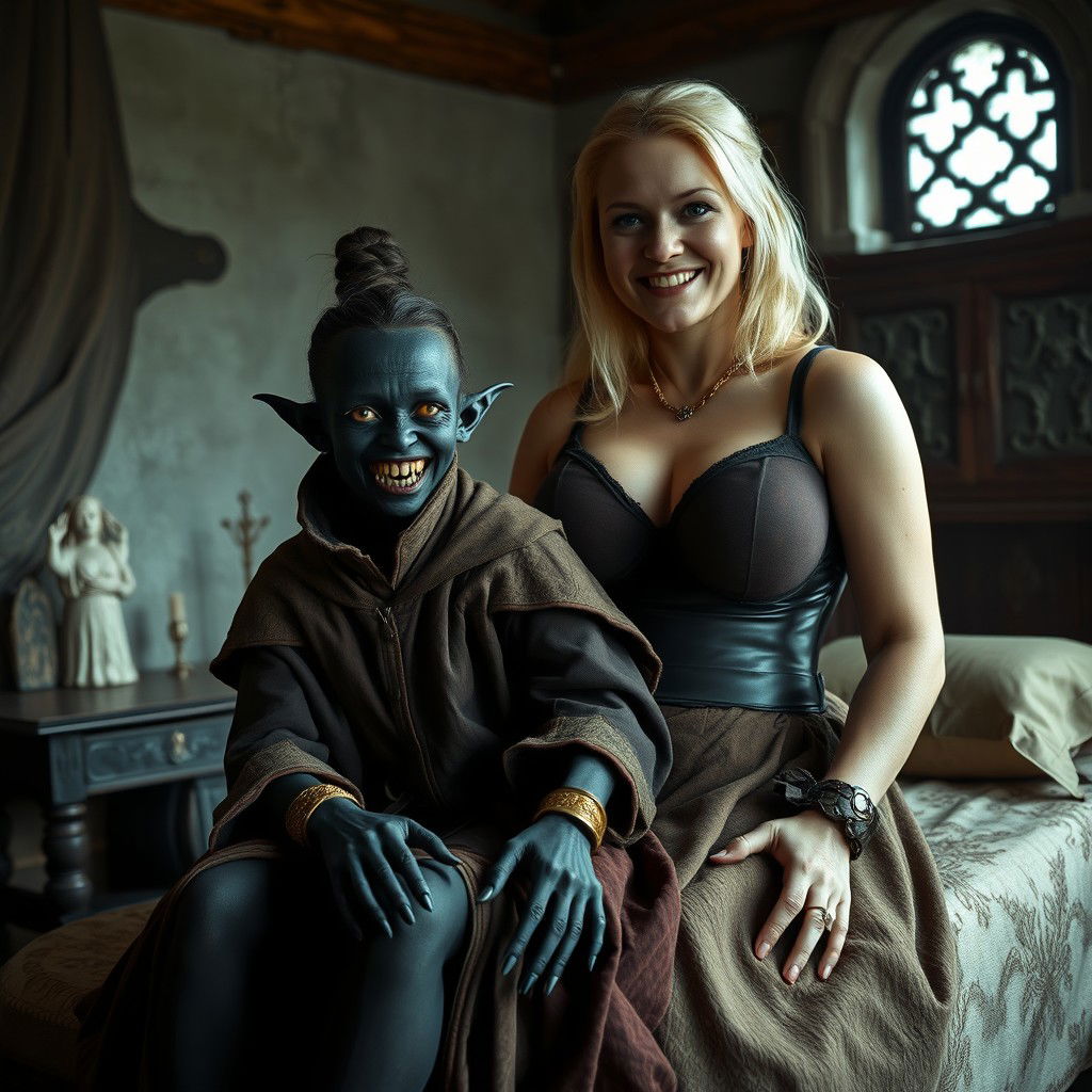 In a medieval bedroom, a sinister young woman, aged 30, with completely black skin and a malnourished appearance, sits on the lap of a towering 60-year-old blonde woman