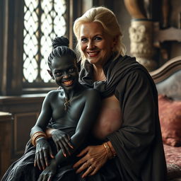In a medieval room, a young evil-looking woman with dark, emaciated skin, beautifully deep black complexion, is seated on the lap of an imposing 60-year-old blonde woman with extraordinarily large breasts that appear larger than life