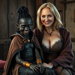 In a medieval room, a young evil-looking woman with a beautifully deep black complexion, significantly emaciated and short in stature, sits on the lap of a towering, imposing 60-year-old blonde woman