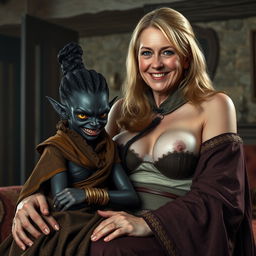 In a medieval room, a young evil-looking woman with a beautifully deep black complexion, significantly emaciated and short in stature, sits on the lap of a towering, imposing 60-year-old blonde woman