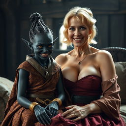 In a medieval room, an evil-looking young woman with a beautifully deep black complexion, significantly emaciated and short in stature, sits on the lap of a strikingly tall, 60-year-old blonde woman