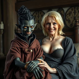 In a medieval room, an evil-looking young woman with a beautifully deep black complexion, significantly emaciated and short in stature, sits on the lap of a strikingly tall, 60-year-old blonde woman