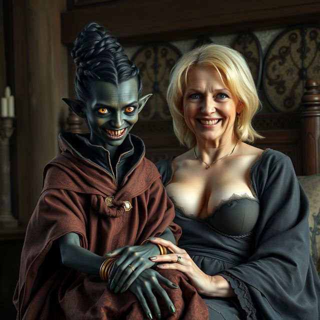 In a medieval room, an evil-looking young woman with a beautifully deep black complexion, significantly emaciated and short in stature, sits on the lap of a strikingly tall, 60-year-old blonde woman