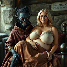 In a medieval room, a sinister young black woman, 30 years old and emaciated with deep black skin, is depicted