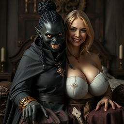 In a medieval room, a sinister young black woman, aged 30 with deeply black skin, low stature, and braided hair in a bun, adorned with a thick gold bracelet