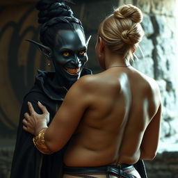 In a medieval room, a wicked evil black woman, emaciated and around 30 years old, with deeply black skin and very short stature