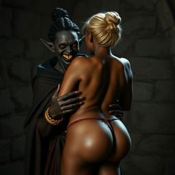 In a medieval room, a wicked evil black woman, emaciated and around 30 years old, with deeply black skin and very short stature