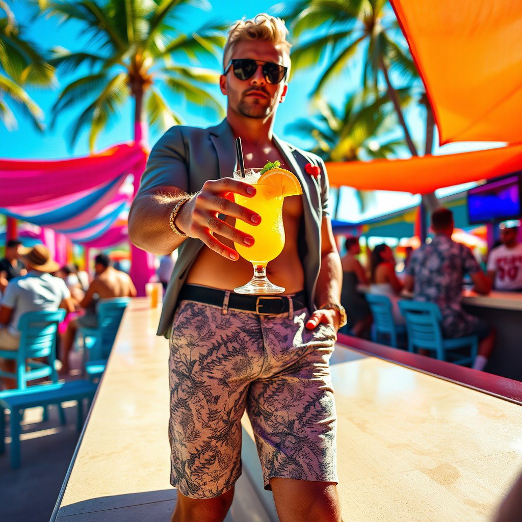 A stylish man wearing trendy shorts pants, standing at a vibrant outdoor bar with a refreshing cocktail in hand