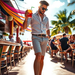 A stylish man wearing trendy shorts pants, standing at a vibrant outdoor bar with a refreshing cocktail in hand