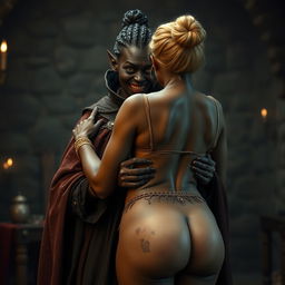 In a medieval room, a wicked evil black woman, emaciated and around 30 years old, with completely black skin and very short stature