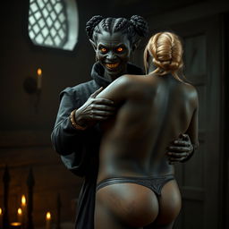 In a medieval room, a wicked, malnourished black woman around 30 years old stands with jet black skin, very short stature, her hair styled in braided buns