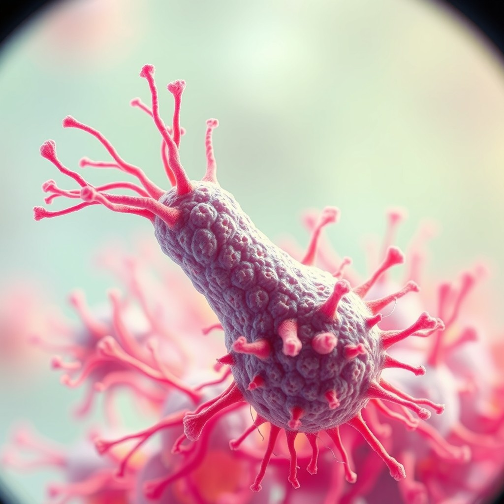A highly detailed illustration of a bacterium under a microscope, showcasing its unique shape and characteristics