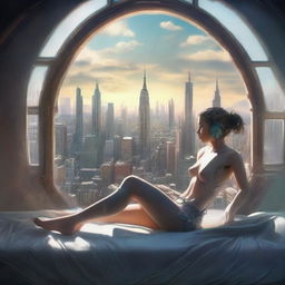 A beautiful young girl with cybernetic arms and legs, lounging on a bed next to an oval window, gazing onto a dystopian cityscape.