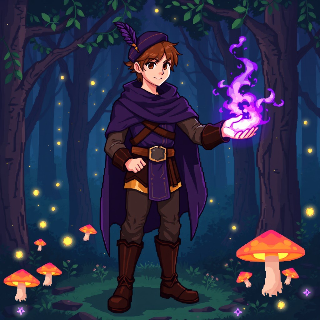 Pixel art of a beautiful 18-year-old man with brown hair and warm brown eyes, wearing medieval bard attire including leggings, a flowing purple cloak, high boots, and a beret adorned with a feather