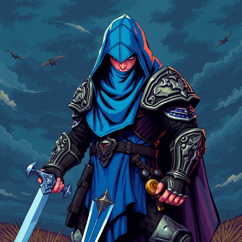 A fierce warrior clad in a vibrant blue hood and intricate armor, standing valiantly on a battlefield