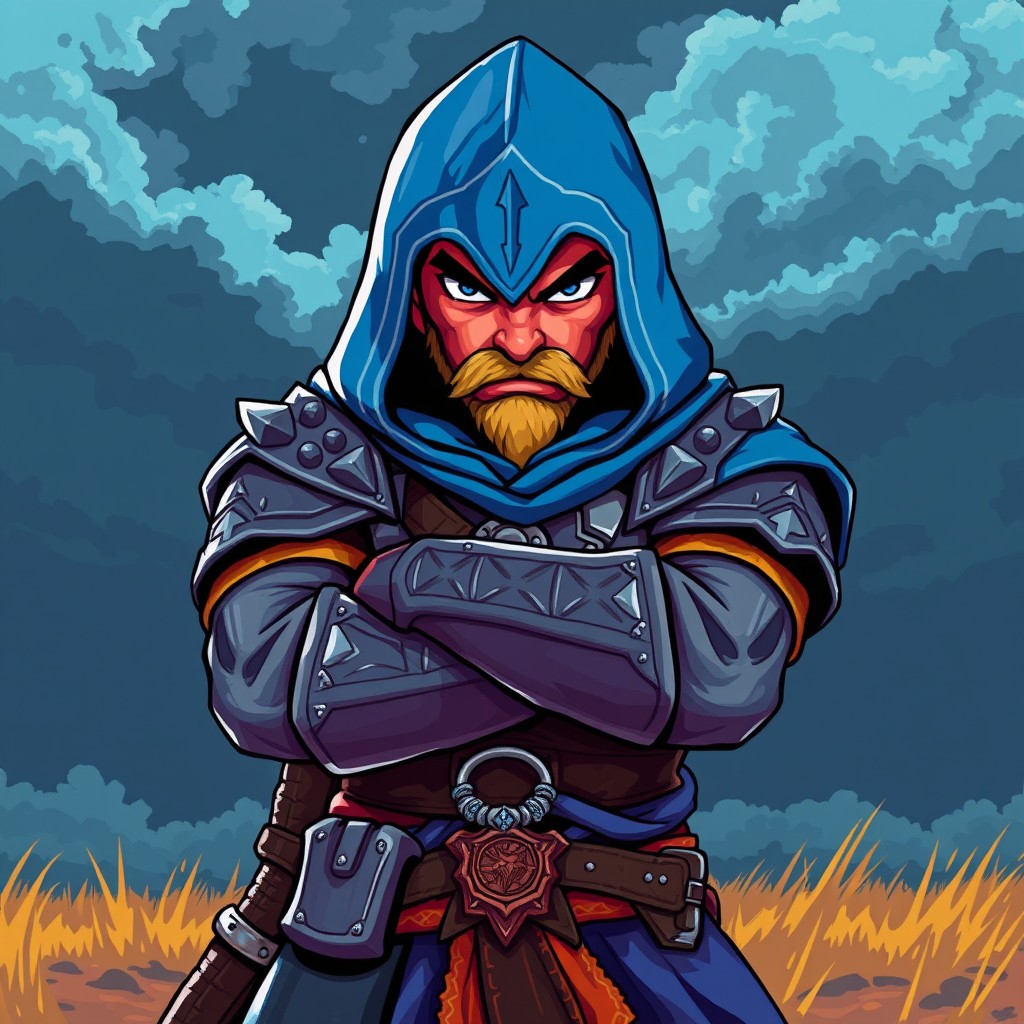 A fierce warrior clad in a vibrant blue hood and intricate armor, standing valiantly on a battlefield
