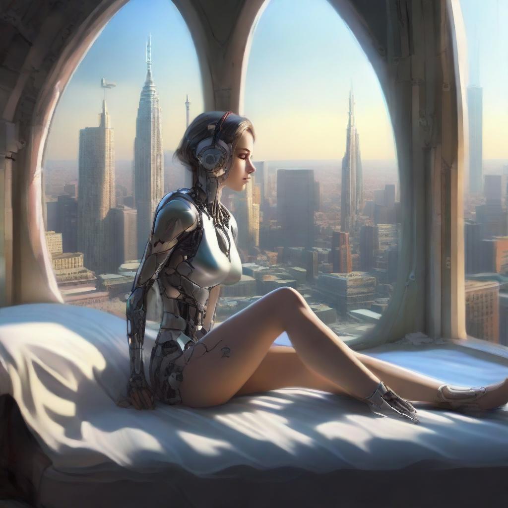 A beautiful young girl with cybernetic arms and legs, lounging on a bed next to an oval window, gazing onto a dystopian cityscape.