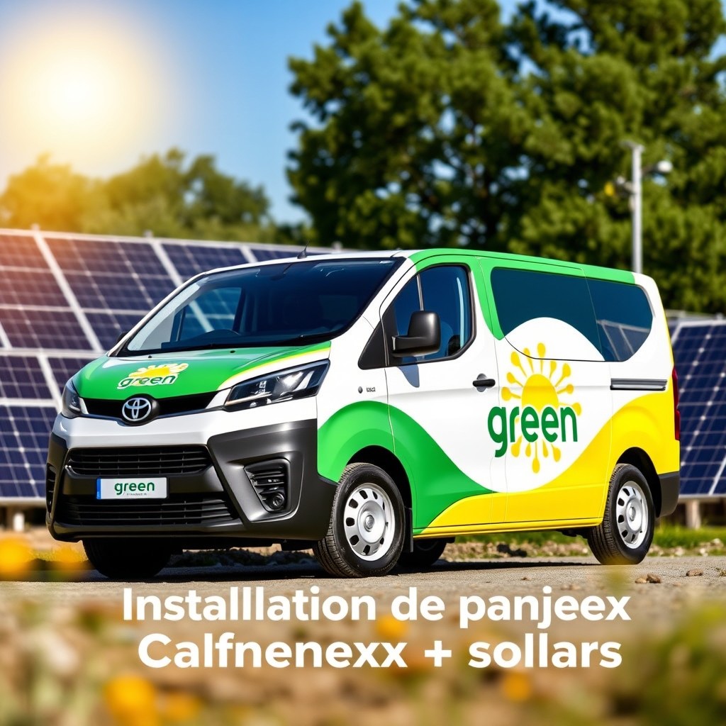 A Toyota Proace MAX L3H2 van prominently displaying the green-sun logo, parked amidst solar panels