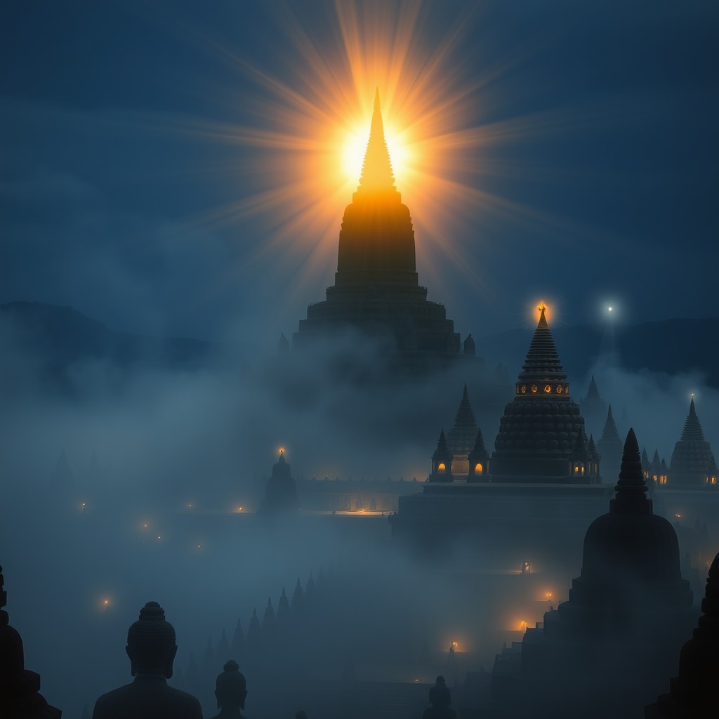 A mystical night scene of Borobudur temple shrouded in thick silver mist under a dark indigo sky