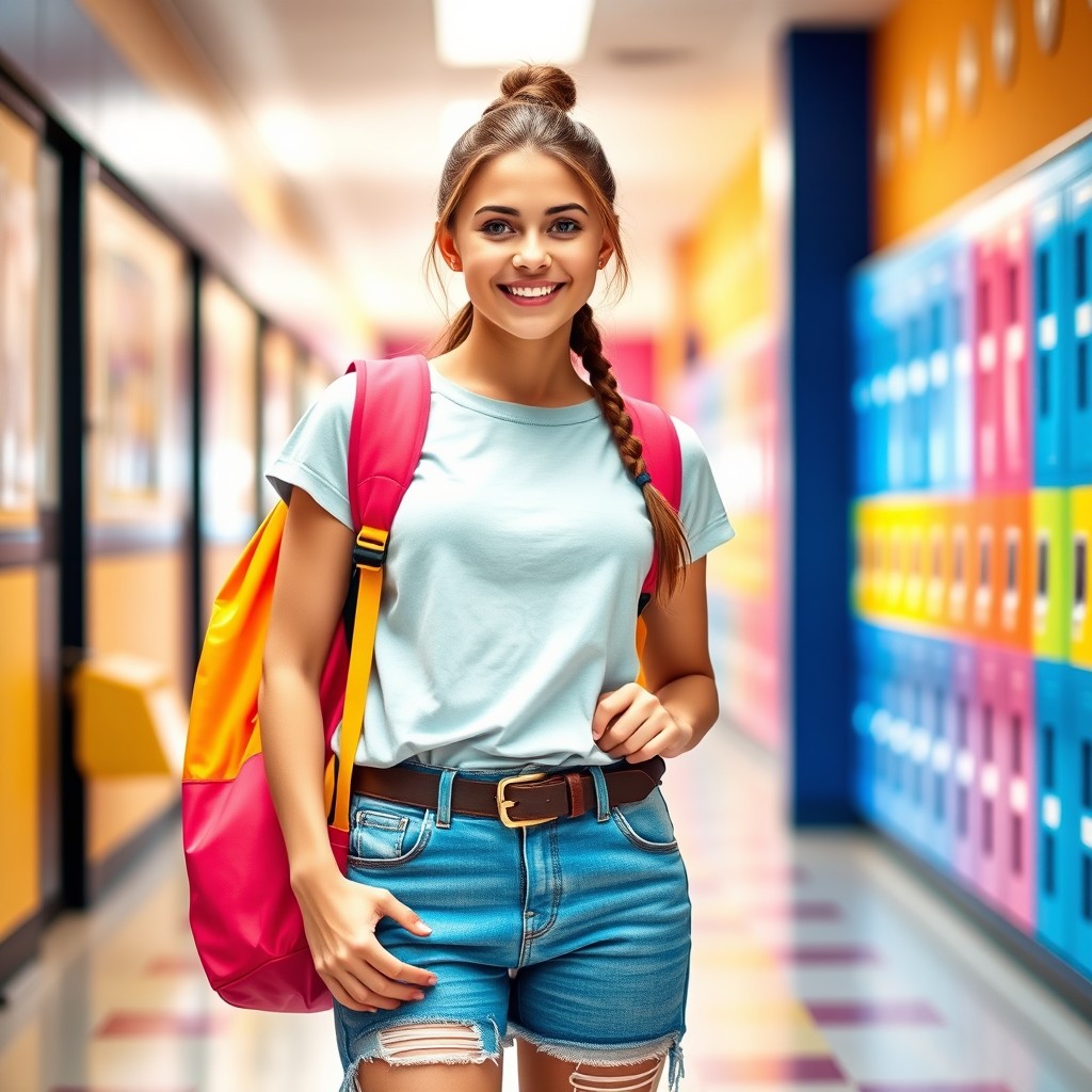 A portrait of a fashionable young woman in casual school attire, standing confidently in a vibrant school corridor