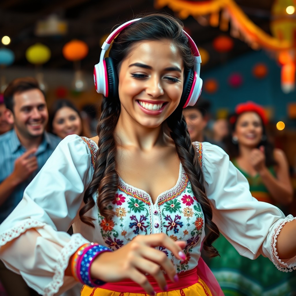 A beautiful light-skinned brunette woman in a Nordestina style, dancing Forró passionately
