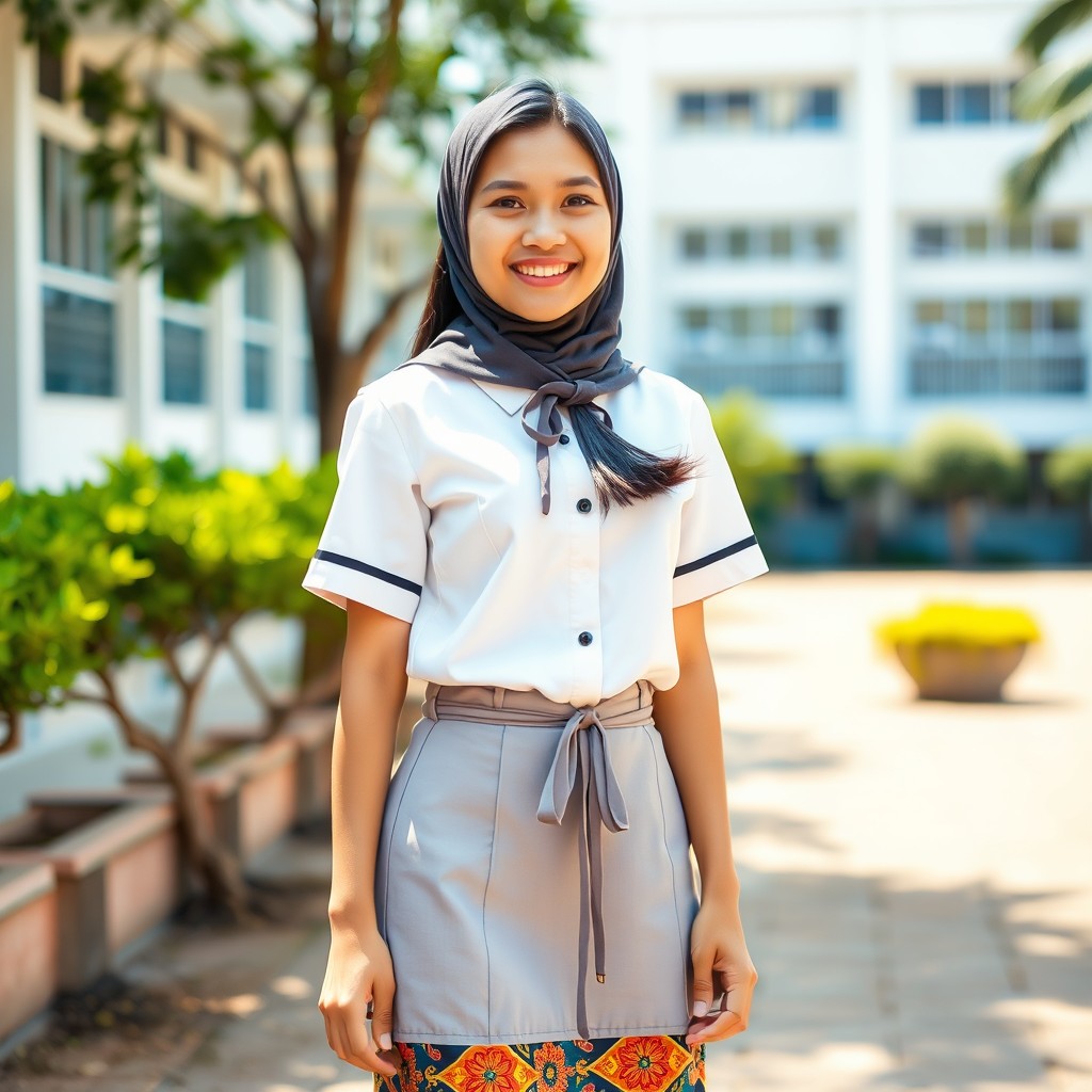 A young Indonesian woman dressed in a traditional middle school uniform, showcasing a neat and fitted outfit that reflects the unique style of Indonesian school attire