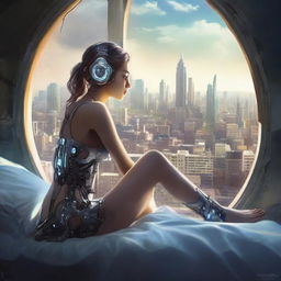 A beautiful young girl with cybernetic arms and legs, lounging on a bed next to an oval window, gazing onto a dystopian cityscape.