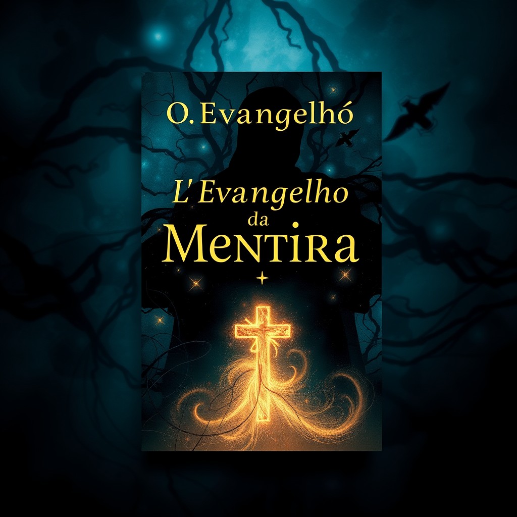 A visually striking book cover design for 'O Evangelho da Mentira', featuring a dark, mysterious atmosphere