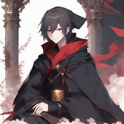 Adjust the image of the anime male protagonist to have a slightly rounder face and shorter bangs, while maintaining the rest of his features including his kindness and sharpness in the eyes, smirking expression, black fantasy anime cloak with red border edges, and the pose of him sitting on a throne.